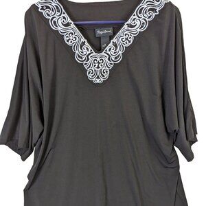 Maggie Barnes Plus size 1X Black Embellished Neckline Shirt Top Short Sleeve